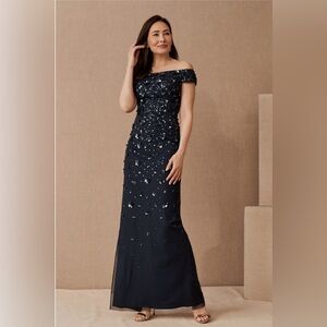 BHLDN x Adrianna Papell Rosie Beaded Sequin Off Shoulder Gown, Navy, Size 12